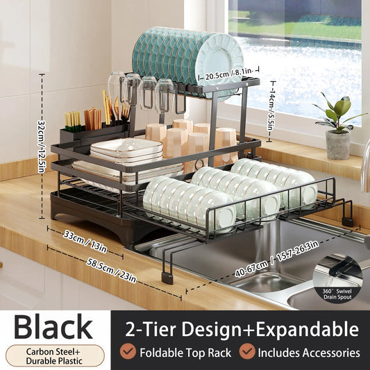 Space-Saving Over Sink Dish Drying Rack – Foldable 2-Tier Pull-Out Drainer with Utensil Holder