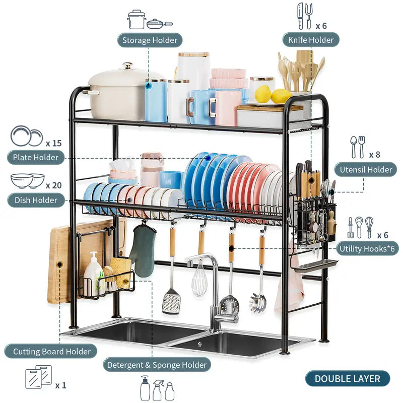 Over Sink Dish Drying Rack – 1/2 Tier Large Capacity Kitchen Organizer with Utensil Holder, Space-Saving Countertop Dish Drainer