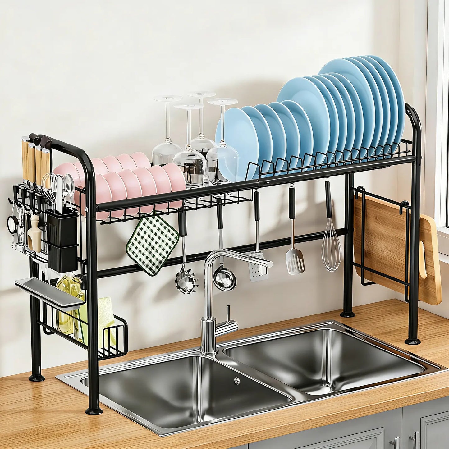 Over Sink Dish Drying Rack – 1/2 Tier Large Capacity Kitchen Organizer with Utensil Holder, Space-Saving Countertop Dish Drainer